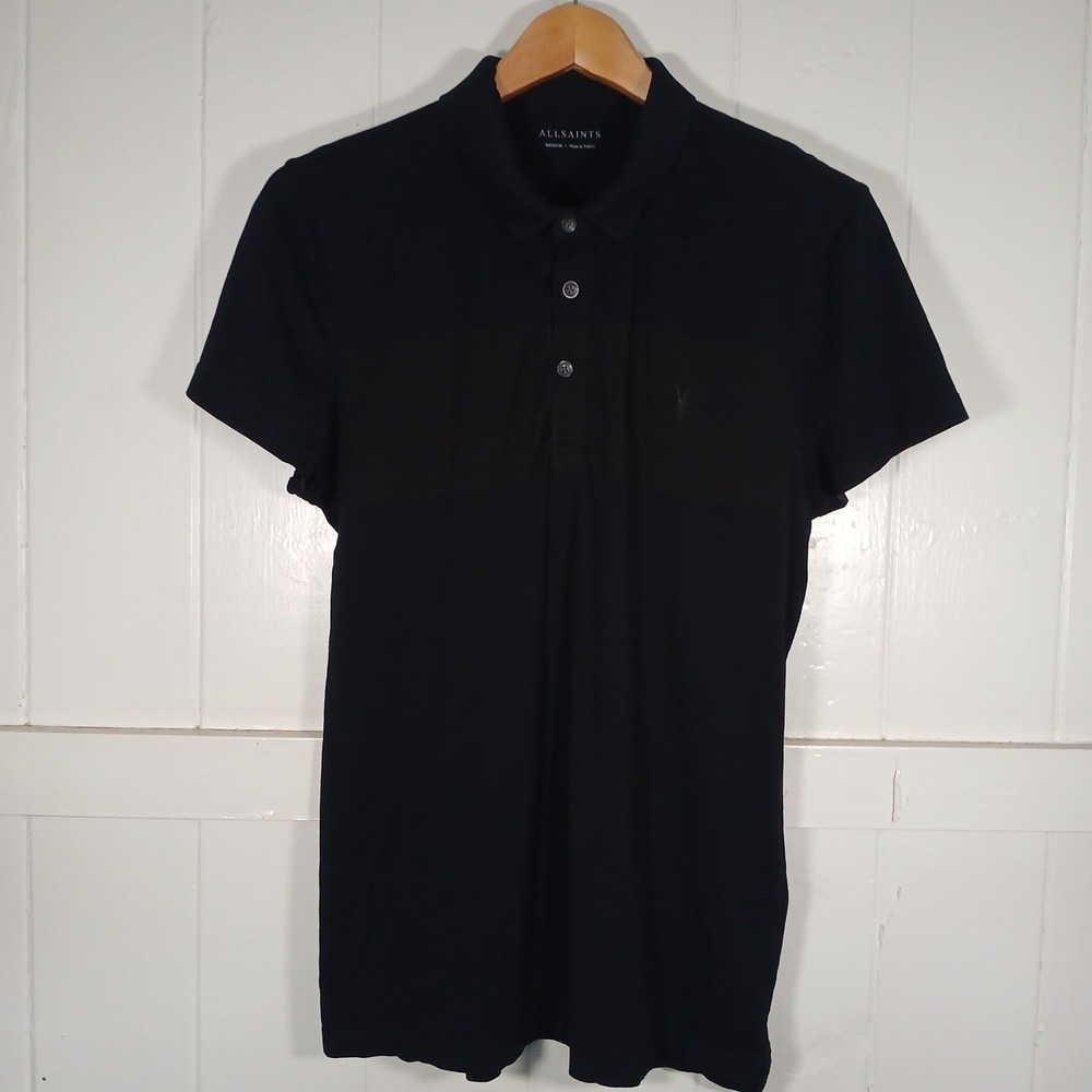 AllSaints Riordan Polo Mens Medium Black Short Sleeve Cotton MD153G